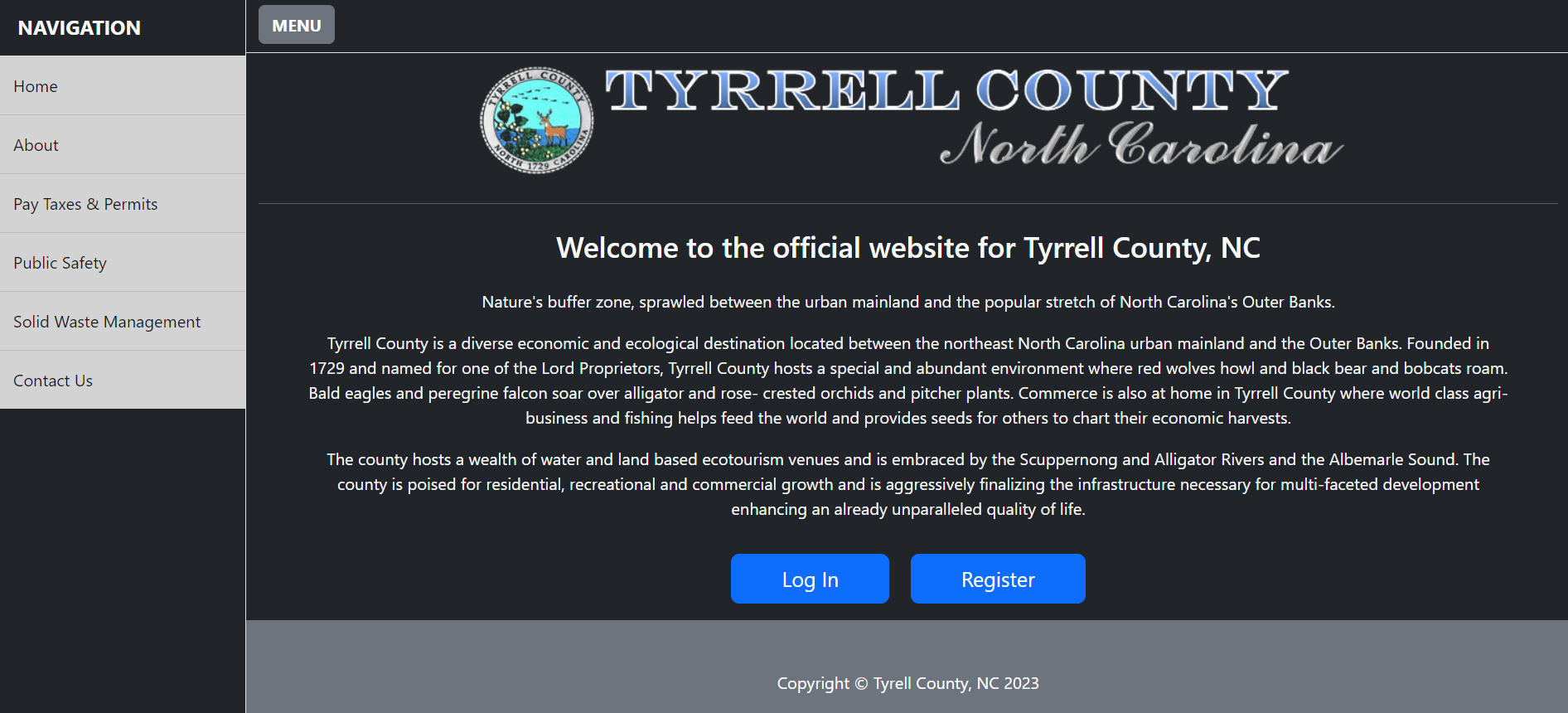 Photo of the homepage for the mockup website for Tyrell County, NC