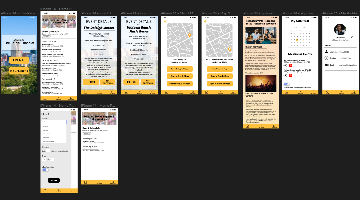 Photo of a mockup of an app that showcases free and cheap events happening in the Triangle area.