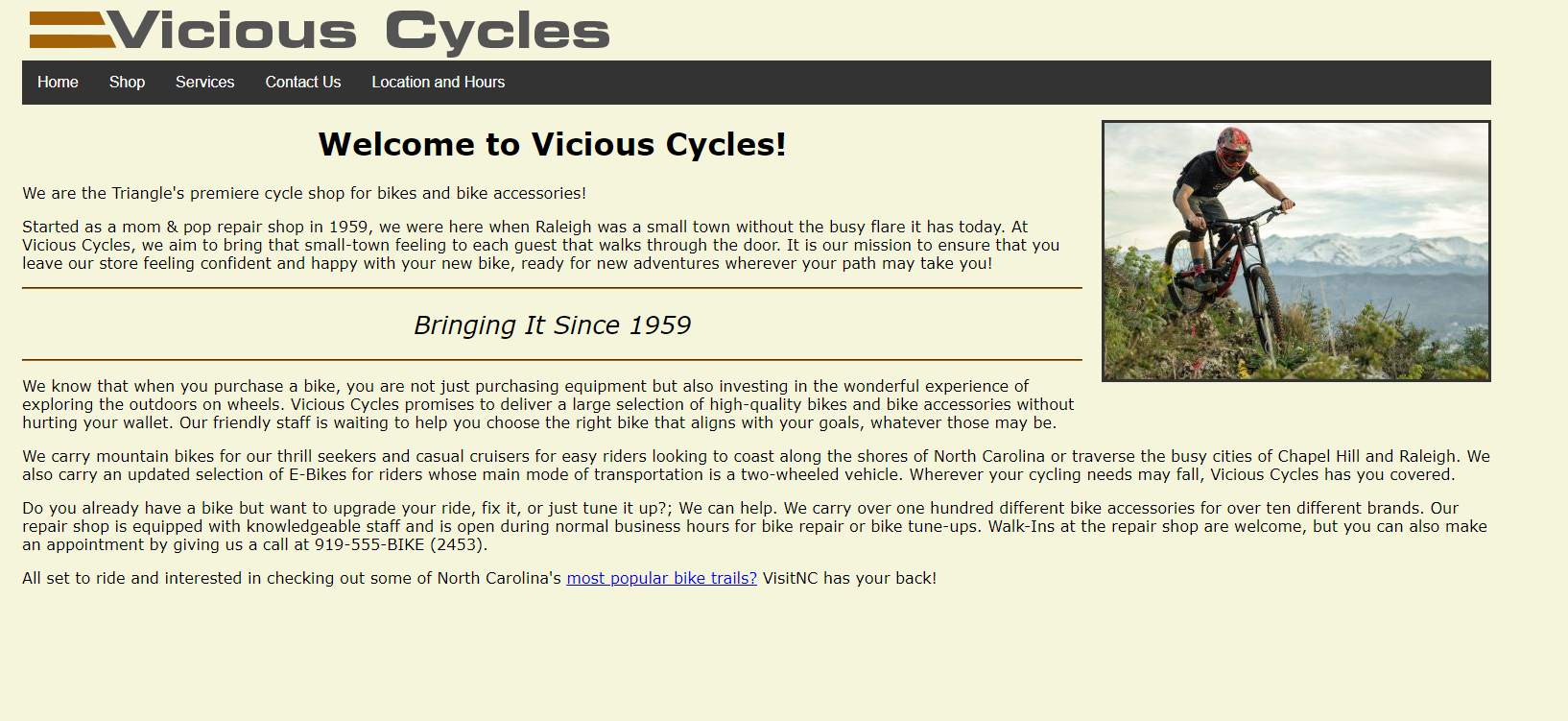 Photo of a mockup website for the fictitious bicycle shop Vicious Cycles.